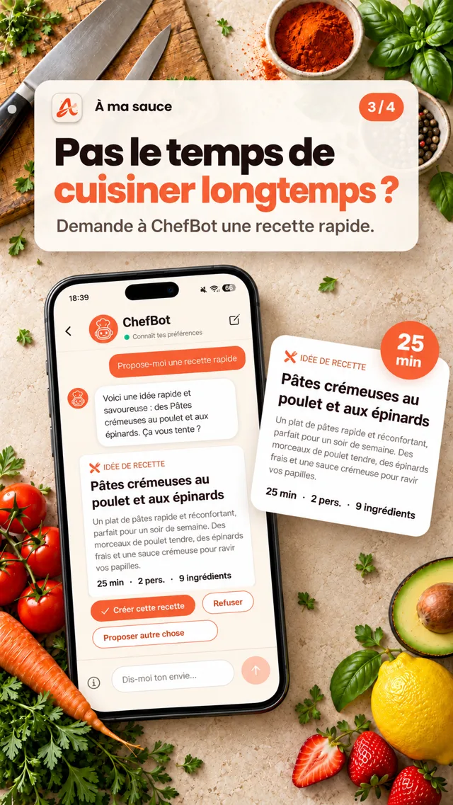 ChefBot propose une recette rapide de pâtes crémeuses en 25 minutes